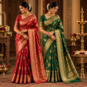 Herytale Burgundy & Emerald Green Silk Saree Combo 1