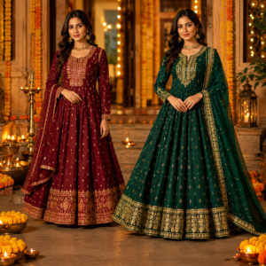 Herytale Royal Burgundy & Emerald Green Anarkali Combo 3
